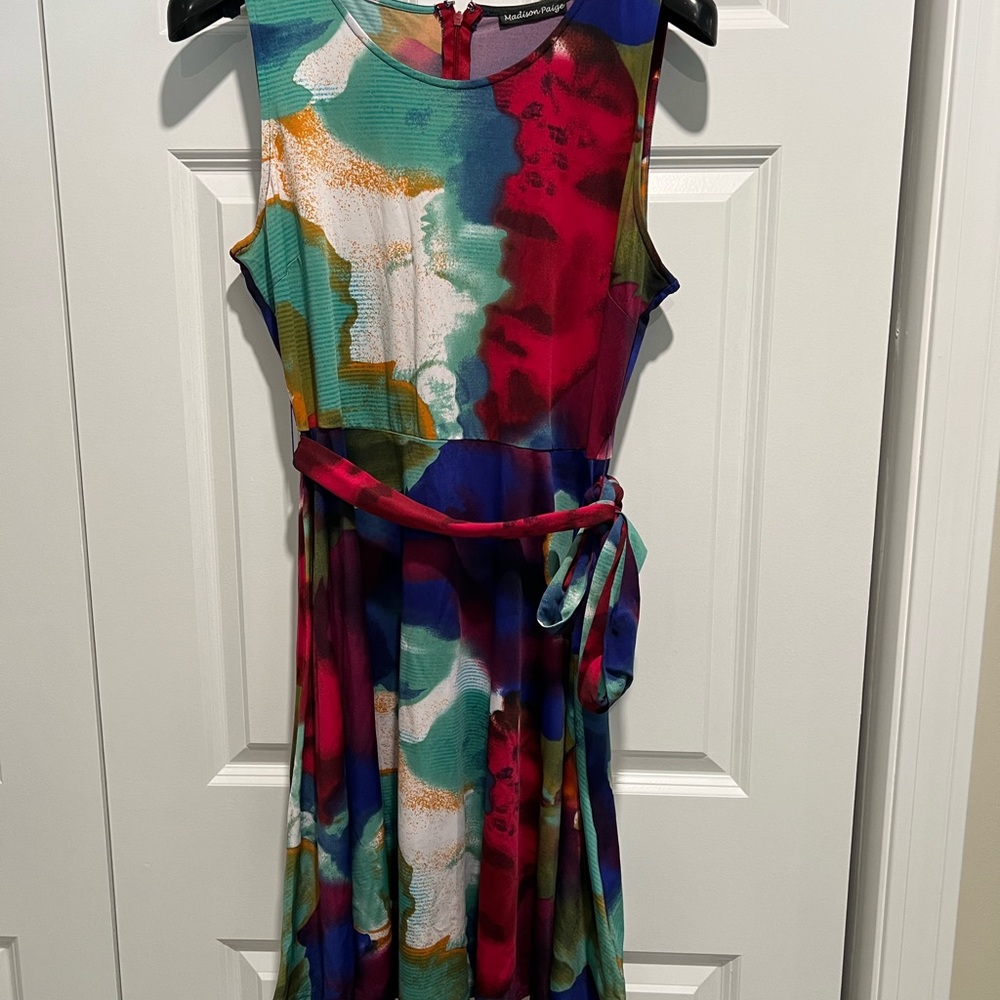 Madison Page Abstract Print Fit and Flare Belted Dress